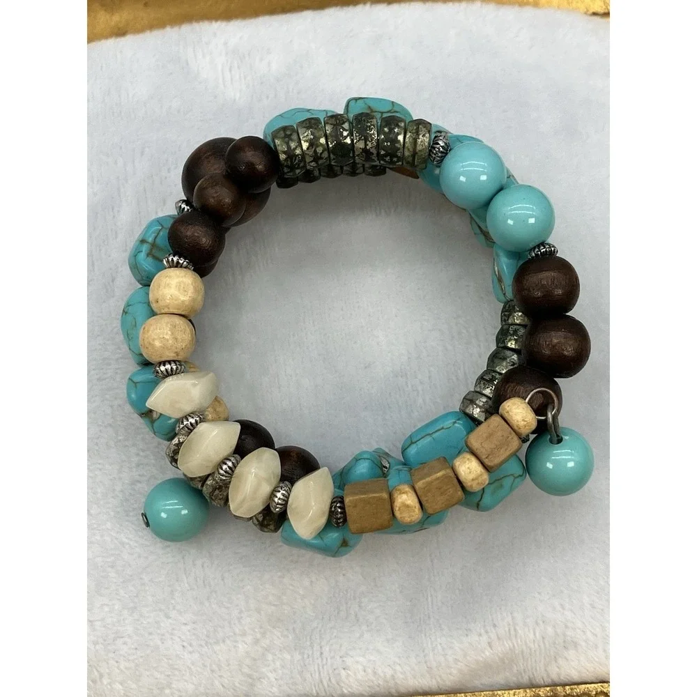 Vtg Faux Turquoise Blue Wood Coil Wire Wrap Bracelet Boho Hippie Cowgirl Western